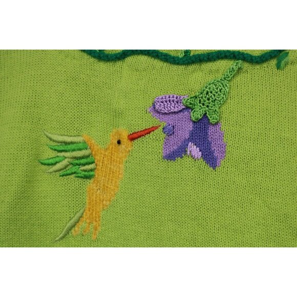 Quaker Factory Lime Green Embroidered Beaded Sweater-Large-Button Up-Birds - Picture 15 of 15